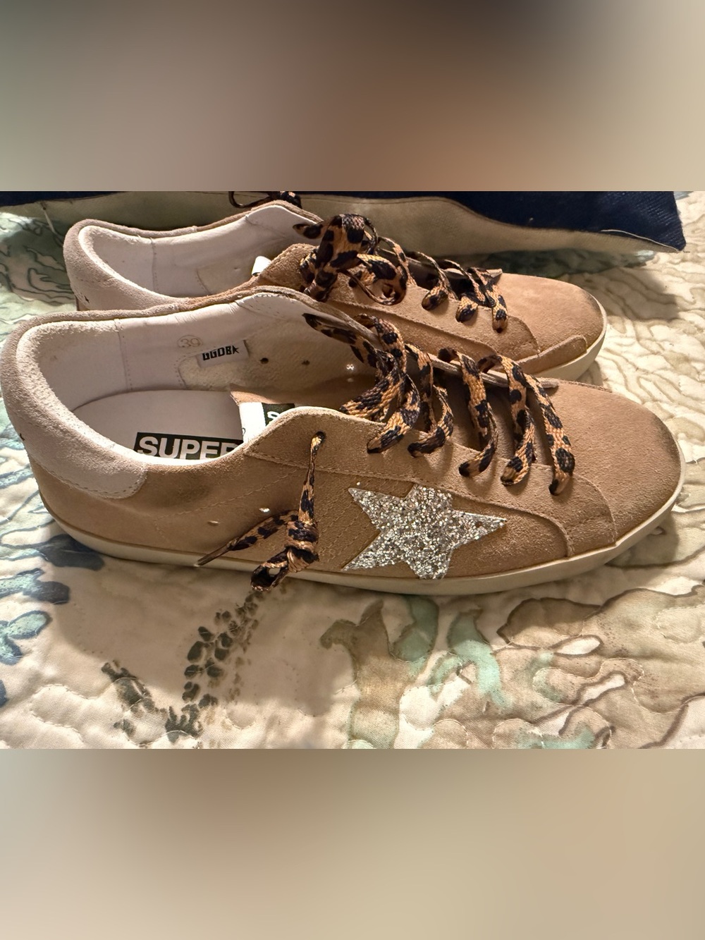 Golden Goose Tan Suede Superstars Sneakers Silver Glitter Star Leopard Size 39 - Picture 2 of 8